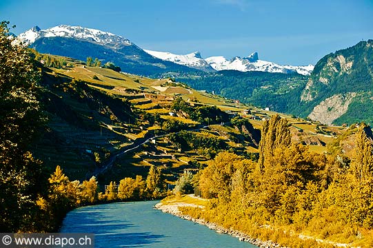 12780 - Photo: Suisse, Valais, vignoble de Sion avec le Rhne, switzerland, swiss wines - wein, schweiz